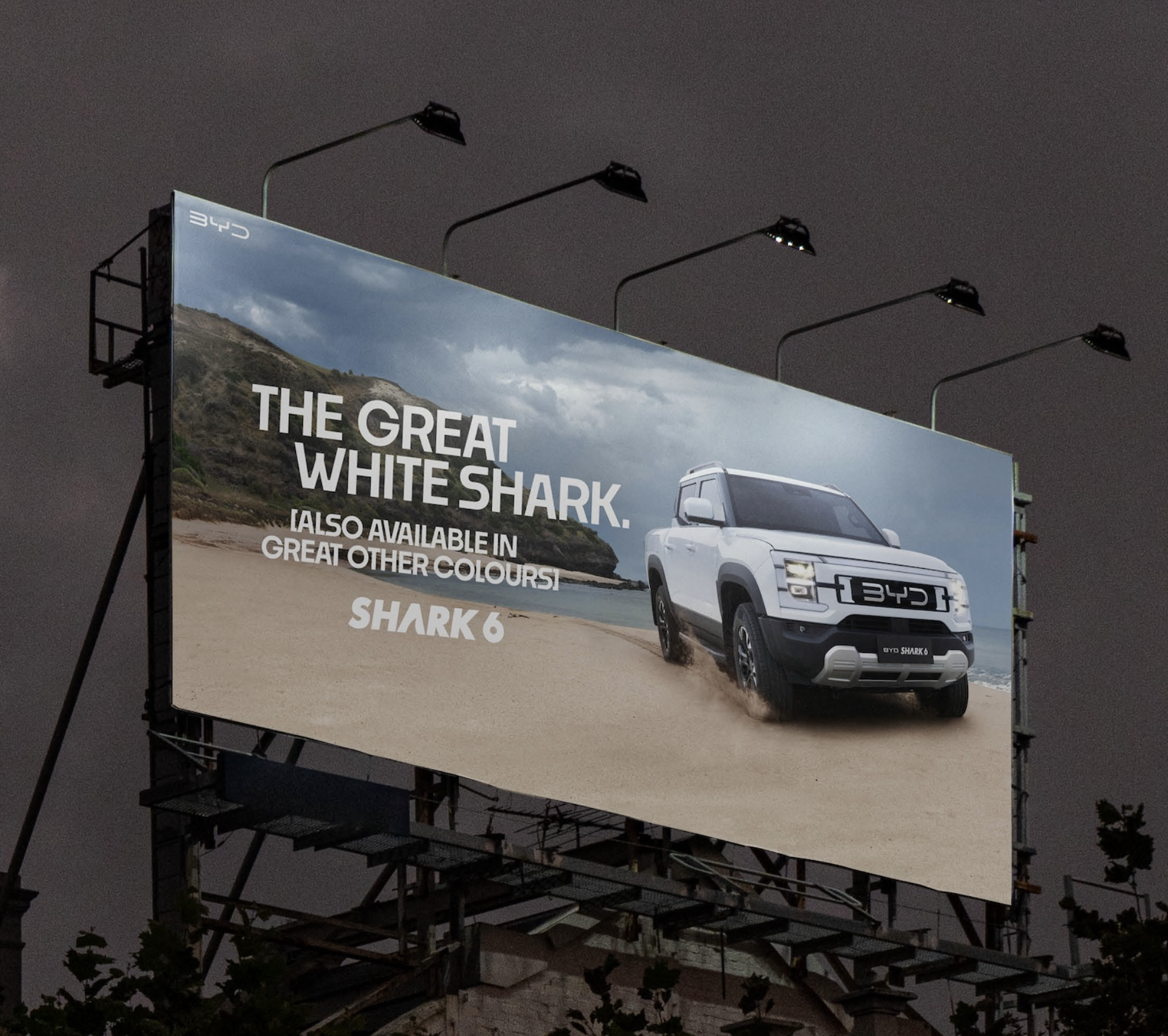 BYD Shark 6 white shark billboard